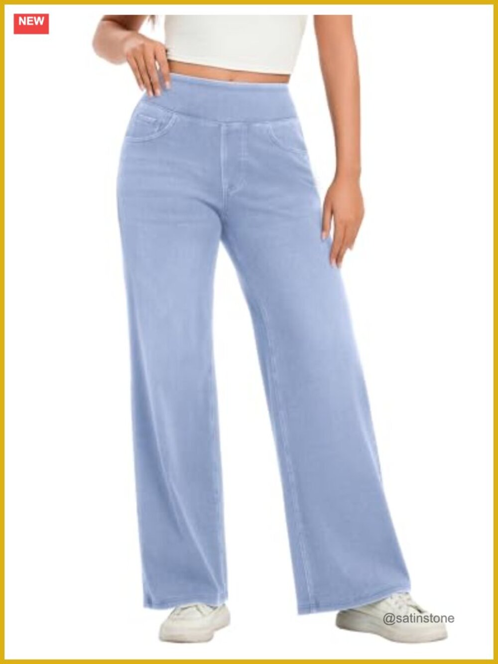 High Waisted Wide Leg Pull On Jeans Stretch Denim Pants with Pockets